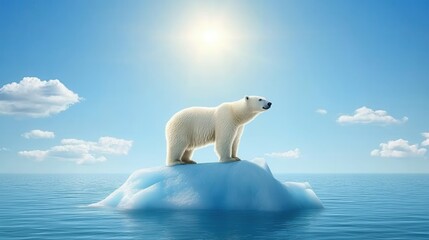 A polar bear standing on a melting ice floe in the ocean under bright sunlight, representing climate change.