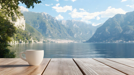 serene minimalist scene featuring simple white coffee cup on wooden table overlooking tranquil lake surrounded by majestic mountains and clear blue sky