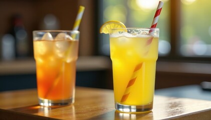 Colorful yellow soda with red white striped straw sitting on a wooden table, table, straw, glass