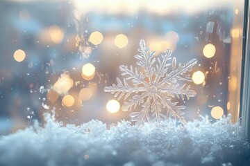 Naklejka premium A crystalline snowflake rests on a snowy windowsill, illuminated by warm, blurry city lights.