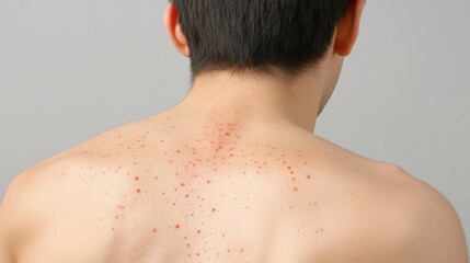 Naklejka premium Close-up of a male's back showing red acne spots and irritated skin with visible inflammation and blemishes.