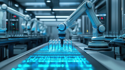 Fototapeta premium Automated lab system with robotic arms handling glassware in high tech environment, showcasing advanced technology and precision in laboratory processes