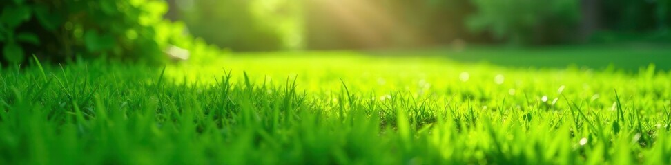 Fototapeta premium Emerald green lawn, sunbeams highlighting texture , morning, sunbeams