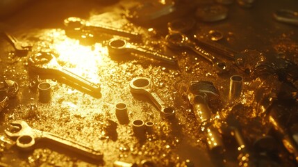 A collection of shiny tools illuminated by warm light, resting on a textured surface.