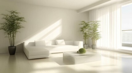 Spacious white minimalist living room with a cushioned sofa, tall potted plants, a square plastic coffee table, and polished wooden floors.