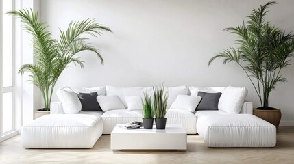 Spacious white minimalist living room with a cushioned sofa, tall potted plants, a square plastic coffee table, and polished wooden floors.