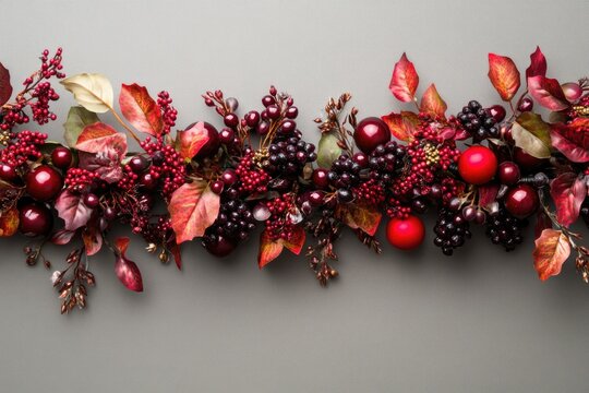 Autumnal garland of red berries, dark grapes, and leaves on gray background.