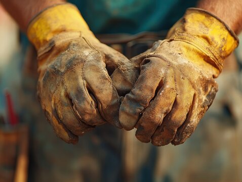 Construction Worker Adjusting Gloves Preparing for Safe and Efficient Work on a Construction Site, Ensuring Hand Protection and Safety
