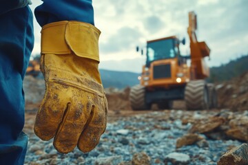 Construction Worker Adjusting Safety Gear with Heavy Equipment in the Background, A Focus on Occupational Safety and Health