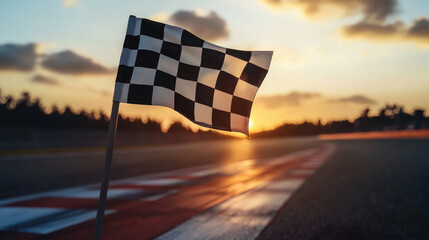 black and white checkered flag waving at sunset over racetrack, symbolizing end of race. vibrant colors of sky enhance dramatic scene