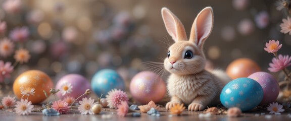 Cute bunny with Easter eggs in a spring landscape, creating a gentle and serene scene, suitable for Easter, spring or children designs.