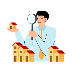 Real Estate Agent and Investment Man Holding Lup and House Model