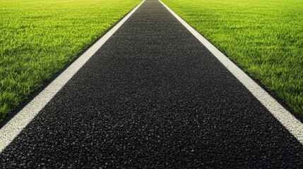 black racetrack bordered by vibrant green grass, creating striking contrast. smooth surface invites runners and athletes to enjoy their training