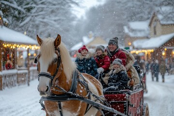Family enjoying a snowy horse-drawn carriage ride through a charming winter village.