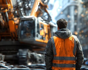 Construction Worker in Reflective Vest Directing Crane Operations on Job Site, Safety First, Expert Guidance, Heavy Equipment, Construction Industry, Professional, Experienced, Skilled Labor