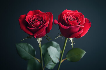 Fototapeta premium bouquet of two red roses with lush green leaves on dark background, symbolizing love and passion. vibrant petals create striking contrast, evoking deep emotions