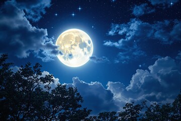 Naklejka premium Glowing full moon in a clear night sky, surrounded by stars and fluffy clouds, with silhouetted tree branches in the foreground. Concept of tranquility. Ai generative.