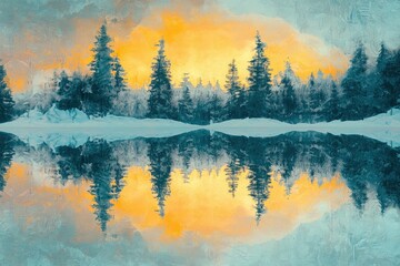 Obraz premium A serene winter landscape painting, showcasing a tranquil lake reflecting a golden sunset and snow-covered evergreens.