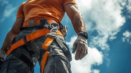 Construction Worker Wearing Safety Harness Demonstrating Commitment to Job Safety, Highlighting Importance of Fall Protection in Workplace