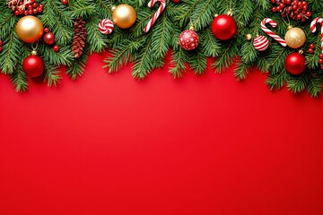 Christmas decorations with fir branches, ornaments, and candy canes at the top on a vibrant red background. Festive blank space for design. Ai generative