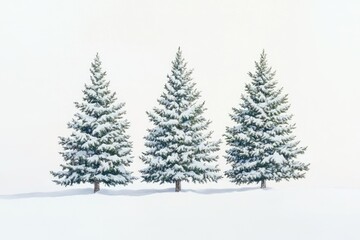 Fototapeta premium Three snow-covered evergreen trees stand tall in a pristine winter landscape.