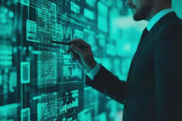 Businessman Analyzing Data on Digital Interface at Night