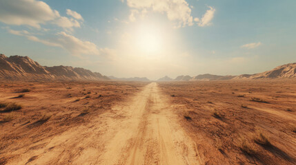 vast desert landscape with dirt road stretching into horizon under bright sun. scene captures beauty of nature and feeling of solitude