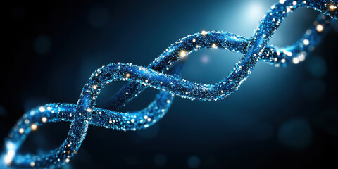 detailed close up shot of sparkling blue DNA double helix, showcasing its intricate structure and vibrant colors against dark background, evoking sense of wonder and discovery