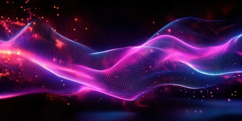 Abstract colorful energy waves, neon colors, vibrant pink and blue, flowing light trails, dynamic motion, dark background, glowing effects, digital art, 3D render, futuristic, ethereal, smooth curves,