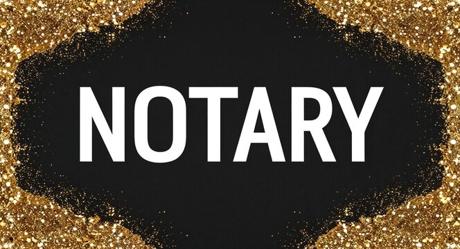 notary white text lettering on plain black background with gold glitters
