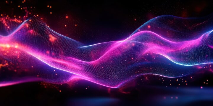 Abstract colorful energy waves, neon colors, vibrant pink and blue, flowing light trails, dynamic motion, dark background, glowing effects, digital art, 3D render, futuristic, ethereal, smooth curves,