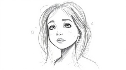 Sketch of young girl with expressive eyes in pencil drawing style