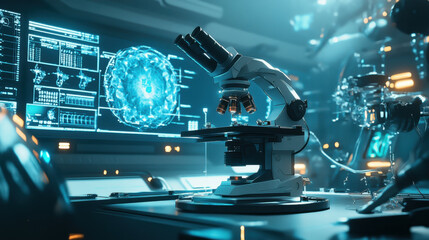 Obraz premium futuristic laboratory scene featuring high tech microscope, digital screens, and advanced scientific equipment, showcasing innovation and exploration in science