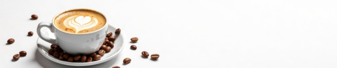 Obraz premium Steaming latte, roasted coffee beans scattered on white background, beverage, espresso