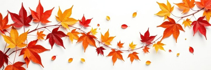 Swirling descent of colorful autumn leaves on bright white, graphics, leaves, blur