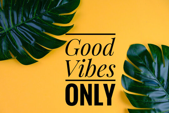 Inspirational motivation quote about good vibes only on yellow isolated leaf background.  