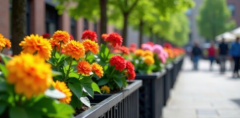 Fototapeta premium Vibrant blooms surround a row of planter boxes at a public garden in the heart of New York City's downtown area, flowers, urban landscape