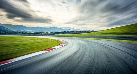 high speed camera captures essence of speed on racetrack, showcasing blurred curve with lush green hills in background, evoking excitement and motion