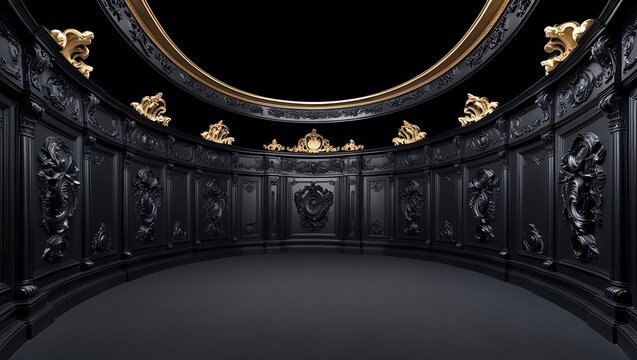 black empty room interior with black wall design bas-relief stucco mouldings roccoco elements