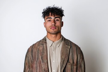Obraz premium Stylish Young Man in Textured Jacket Against a Neutral Background