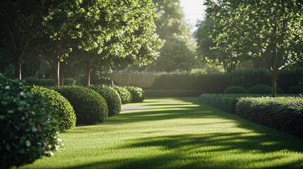 Naklejka premium serene garden scene featuring lush green grass, neatly trimmed bushes, and trees lining pathway, creating peaceful and inviting atmosphere