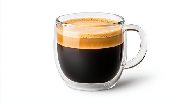 double walled glass mug filled with smooth espresso shot, showcasing rich crema and dark coffee. Perfect for coffee lovers seeking stylish drink experience - Powered by Adobe