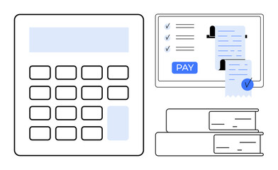 Calculator next to screen displaying payment receipt with Pay button checked items and records. Two stacked books symbolizing accounting and financial documentation. Ideal for finance, accounting