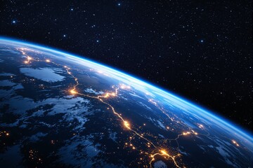 Obraz premium Depiction of Earth from space highlighting city lights and glowing connections, vivid and detailed, set against a starry background. Concept of global connectivity. Ai generative
