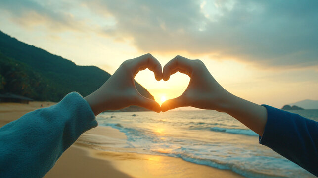 Couple, hands and heart by sunset with love on beach for honeymoon or vacation in summer with romantic gesture , Generative ai