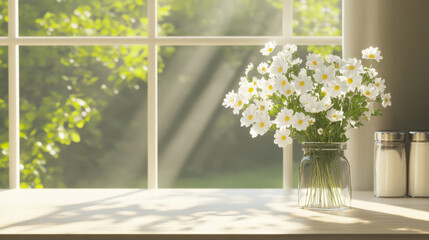 minimalist vase filled with white flowers sits on table, illuminated by soft sunlight streaming through window, creating serene and peaceful atmosphere
