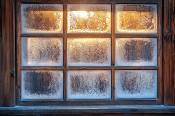 Frozen window panes displaying a winter sunrise, showcasing the beauty of frost patterns.