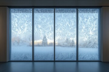 Fototapeta premium Frost patterns adorn a large window, showcasing a winter landscape beyond.