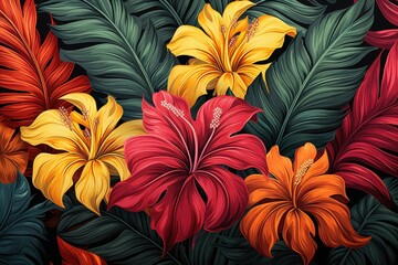 Vivid Tropical Leaves and Flowers Pattern with Bright Hibiscus in Bold Colors for Seamless Design Applications