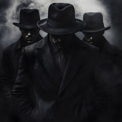 Fototapeta premium Three mysterious figures in dark coats and hats shrouded in smoke, creating an atmosphere of intrigue and suspense.